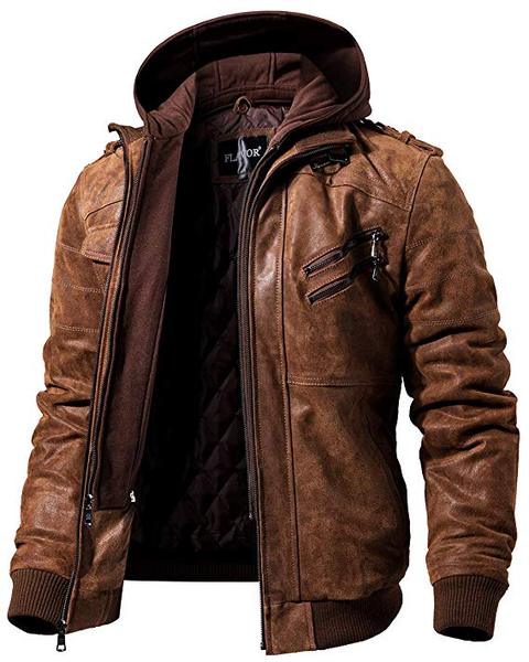 Best for Motorcycle: FLAVOR Men Brown Leather Motorcycle Jacket with Removable Hood
