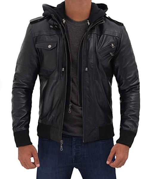 Best with Removable Hood: Decrum Leather Bomber Jacket with Hood